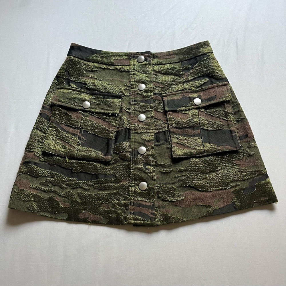 LPA olive army green textured camo utility snap button‎ up mini skirt